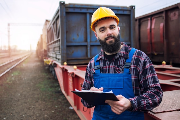 Retrato de trabajador de transporte con portapapeles y envío de contenedores de carga por ferrocarril