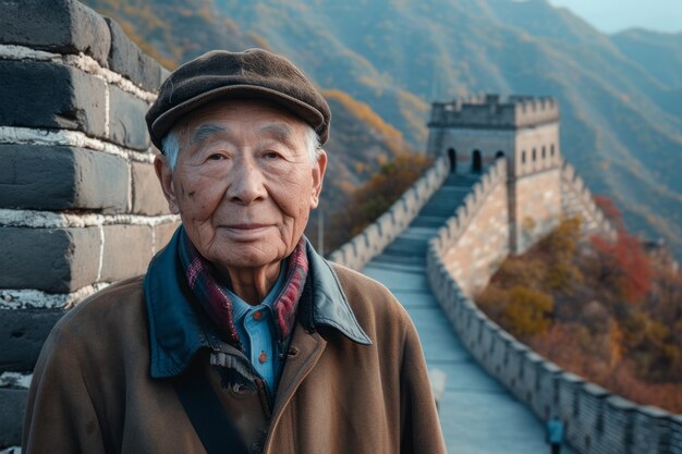 Retrato de un turista de edad avanzada que visita la Gran Muralla de China