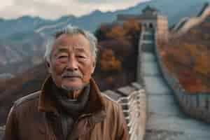 Foto gratuita retrato de un turista de edad avanzada que visita la gran muralla de china