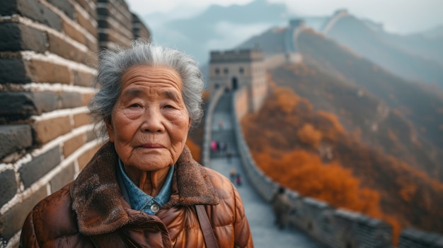 Foto gratuita retrato de un turista de edad avanzada que visita la gran muralla de china