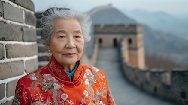 Retrato de un turista de edad avanzada que visita la Gran Muralla de China