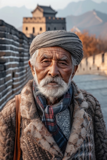 Foto gratuita retrato de un turista de edad avanzada que visita la gran muralla de china