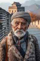 Foto gratuita retrato de un turista de edad avanzada que visita la gran muralla de china