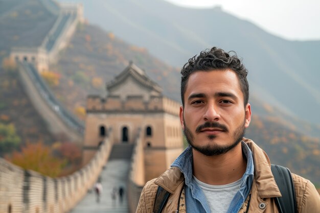 Retrato de un turista visitando la Gran Muralla de China