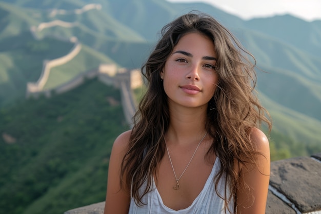 Foto gratuita retrato de una turista visitando la gran muralla de china