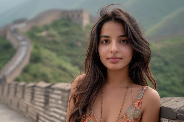 Retrato de una turista visitando la Gran Muralla de China