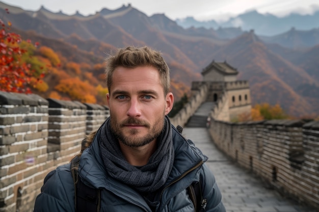 Retrato de un turista visitando la Gran Muralla de China