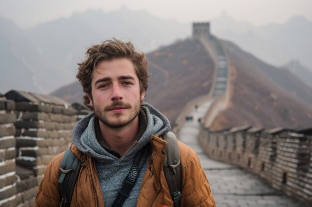 Retrato de un turista visitando la Gran Muralla de China