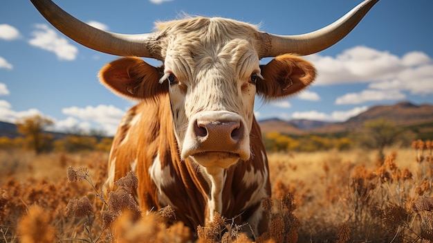 Foto gratuita retrato de una vaca en un campo con pasto seco y cielo azul