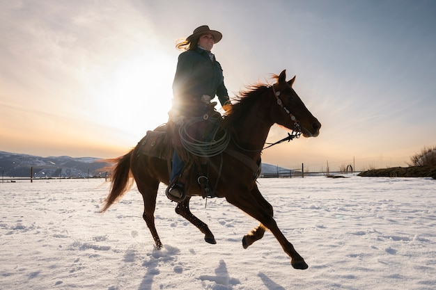 retrato, de, vaquera, en, un, caballo