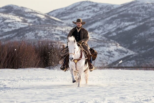 retrato, de, vaquero, en, un, caballo