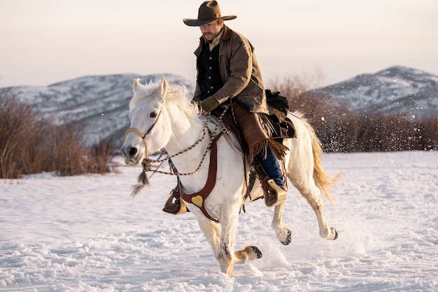 retrato, de, vaquero, en, un, caballo