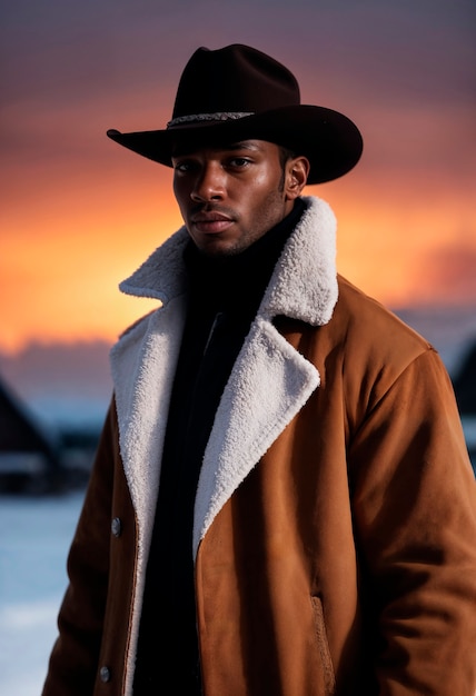 Retrato de vaquero a la luz del día con fondo de paisaje fuera de enfoque