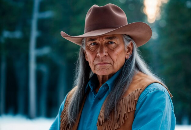 Retrato de vaquero a la luz del día con fondo de paisaje fuera de enfoque