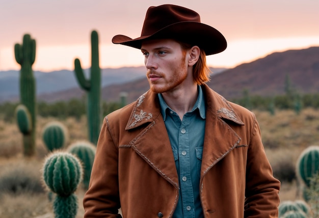 Foto gratuita retrato de vaquero a la luz del día con fondo de paisaje fuera de enfoque