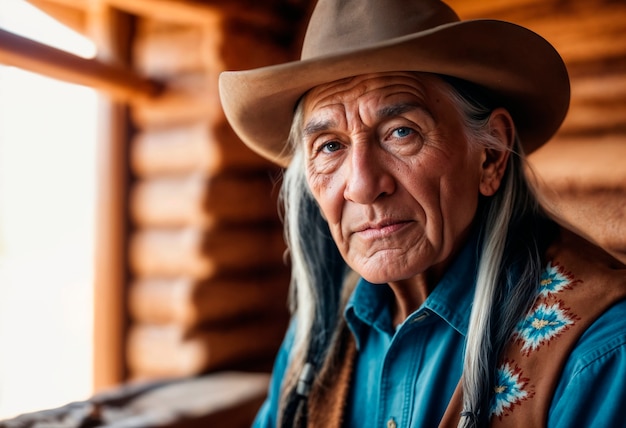 Retrato de vaquero a la luz del día con fondo de paisaje fuera de enfoque