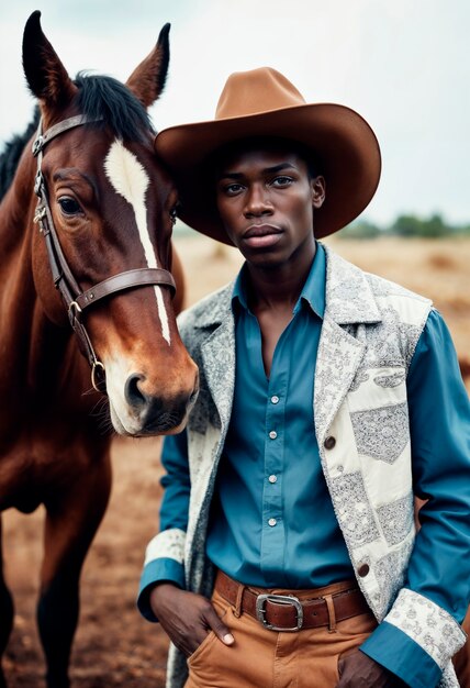 Foto gratuita retrato de vaquero a la luz del día con fondo de paisaje fuera de enfoque