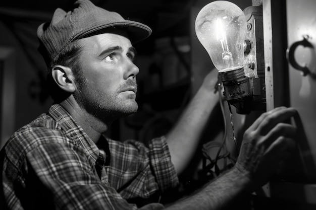 Retrato vintage en blanco y negro de un hombre haciendo tareas domésticas y tareas domésticas