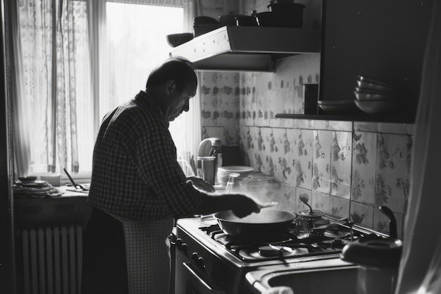 Retrato vintage en blanco y negro de un hombre haciendo tareas domésticas y tareas domésticas
