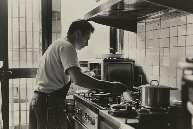 Retrato vintage en blanco y negro de un hombre haciendo tareas domésticas y tareas domésticas