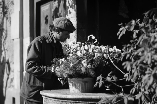 Retrato vintage en blanco y negro de un hombre haciendo tareas domésticas y tareas domésticas