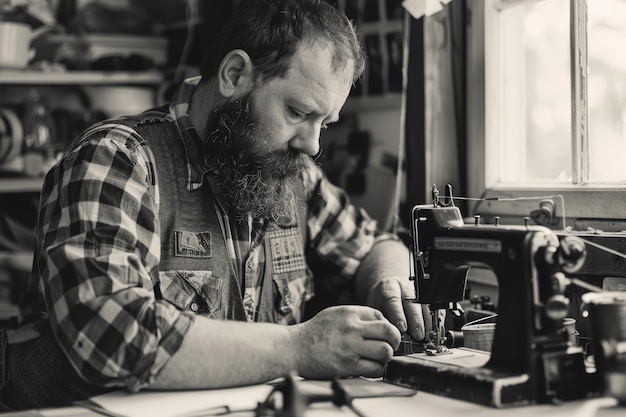 Foto gratuita retrato vintage en blanco y negro de un hombre haciendo tareas domésticas y tareas domésticas