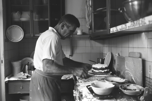 Retrato vintage en blanco y negro de un hombre haciendo tareas domésticas y tareas domésticas