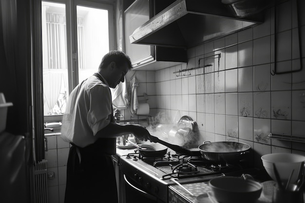 Retrato vintage en blanco y negro de un hombre haciendo tareas domésticas y tareas domésticas
