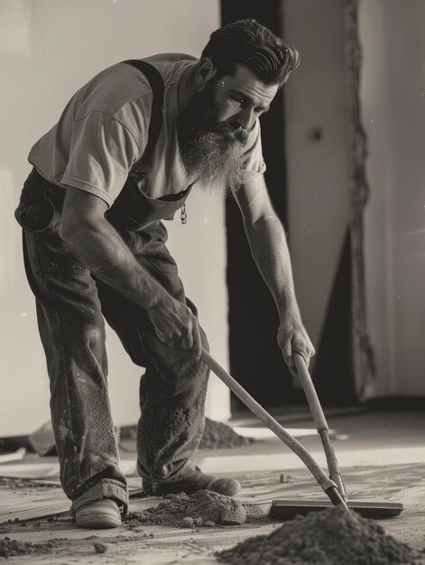 Retrato vintage en blanco y negro de un hombre haciendo tareas domésticas y tareas domésticas