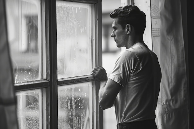 Retrato vintage en blanco y negro de un hombre haciendo tareas domésticas y tareas domésticas