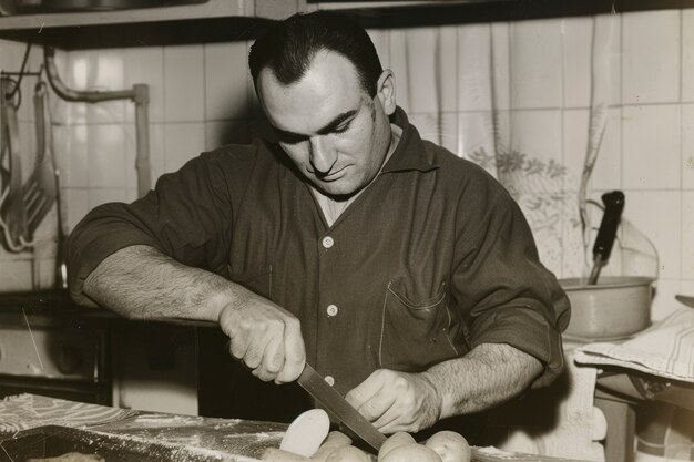 Retrato vintage en blanco y negro de un hombre haciendo tareas domésticas y tareas domésticas