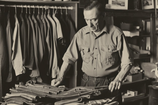 Foto gratuita retrato vintage en blanco y negro de un hombre haciendo tareas domésticas y tareas domésticas