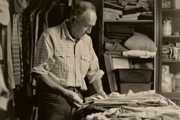 Retrato vintage en blanco y negro de un hombre haciendo tareas domésticas y tareas domésticas