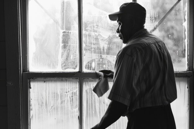 Retrato vintage en blanco y negro de un hombre haciendo tareas domésticas y tareas domésticas