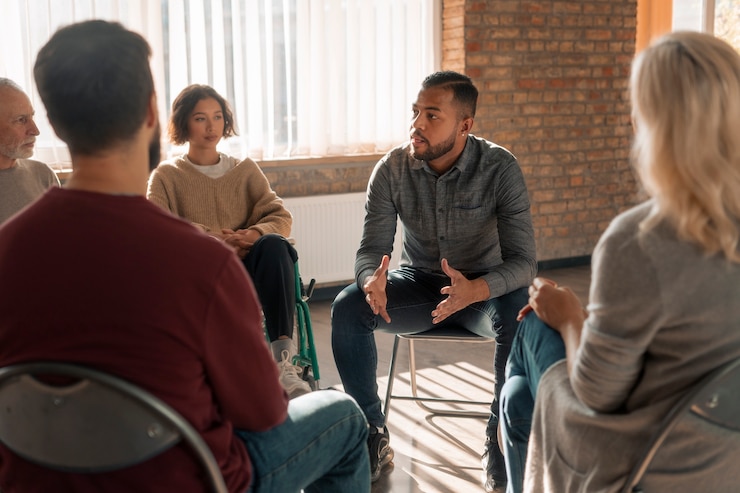 Foto gratuito reunión del grupo de apoyo de terapia psicológica