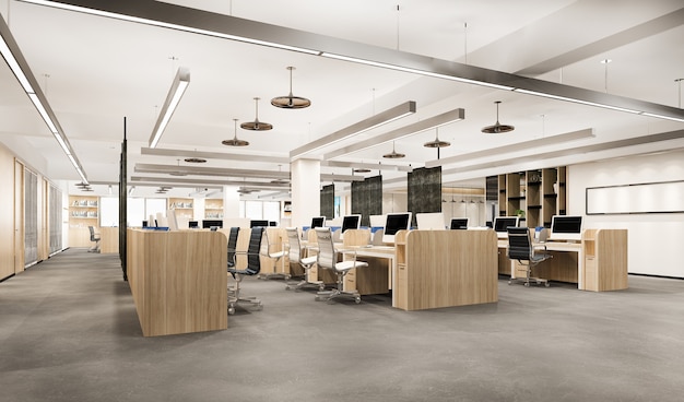 Reunión de negocios de representación 3D y sala de trabajo en edificio de oficinas