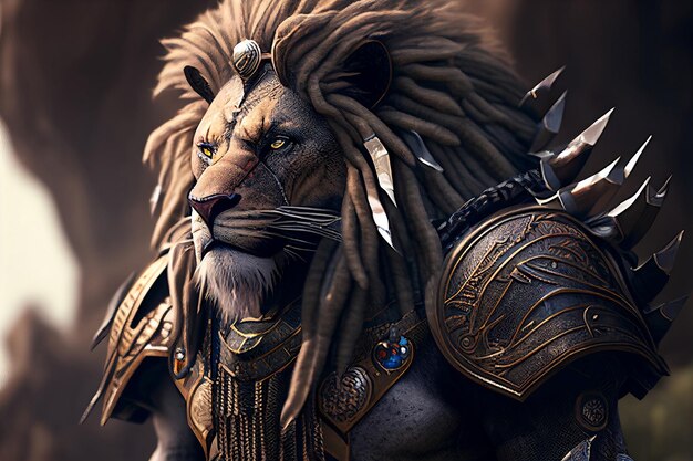 Rey león con armadura completa y arma generativa ai.