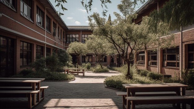 Un rincón tranquilo del patio de la escuela donde los estudiantes se reúnen para estudiar