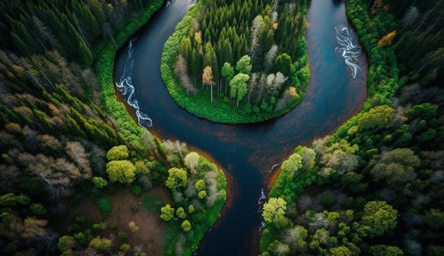 Un río atraviesa un bosque con un bosque al fondo.