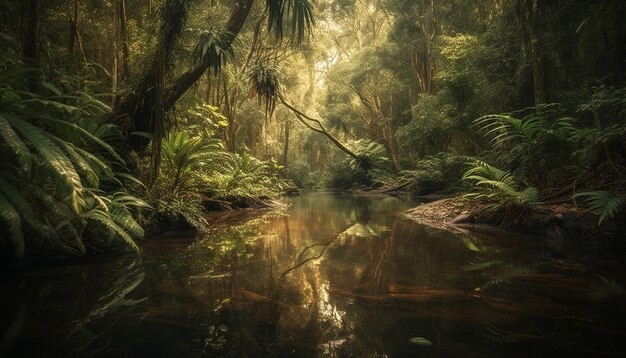 Un río en la jungla con una escena selvática