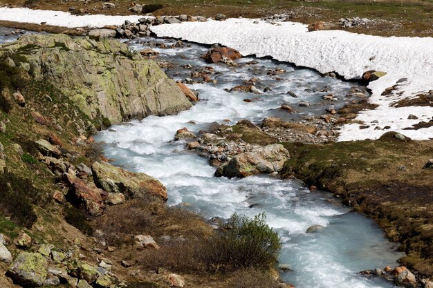 Río de montaña en el paso de Susten ubicado en Suiza en invierno durante el día