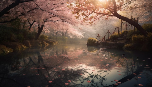 Foto gratuita un río con un puente y un puente con flores rosas.