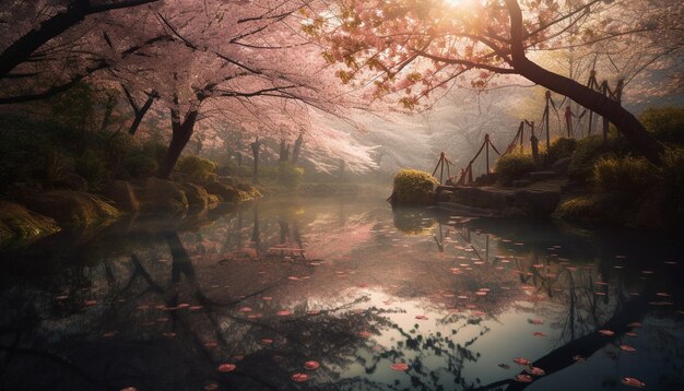 Un río con un puente y un puente con flores rosas.