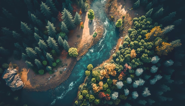 Río que fluye a través del bosque generativo Al