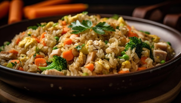 Foto gratuita risotto vegetariano fresco con pimientos y perejil generado por ia