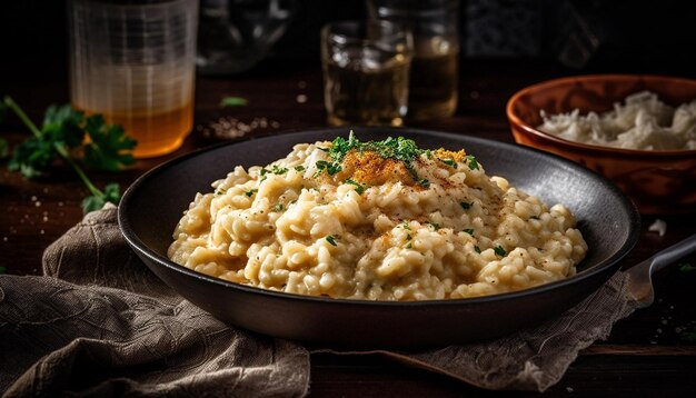 Risotto vegetariano rústico con queso parmesano y perejil generado por IA