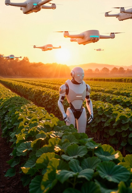 Robot and drones in a farming field at sunset