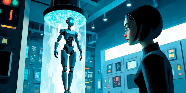 Robot and scientist in futuristic laboratory