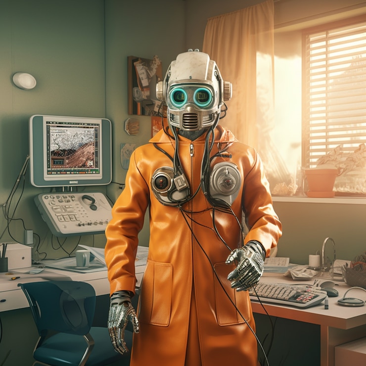 Foto gratuito robot antropomórfico realizando un trabajo humano regular en el futuro