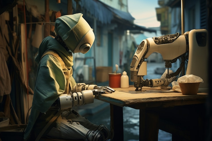Foto gratuito robot antropomórfico realizando un trabajo humano regular en el futuro